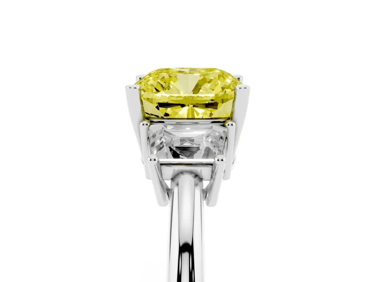 Fancy Yellow Cushion Cut Diamond Three-Stone Ring with Trapezoid Side Stones and Prong Setting Silver