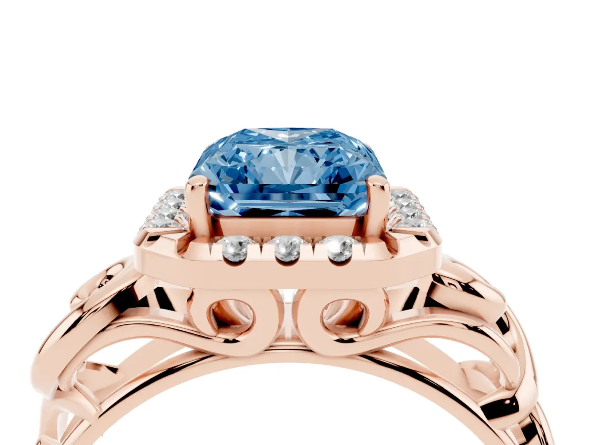 Fancy Blue Radiant Cut Cut Halo Diamond Ring with Scrollwork Band and Four-Prong Setting Rose gold