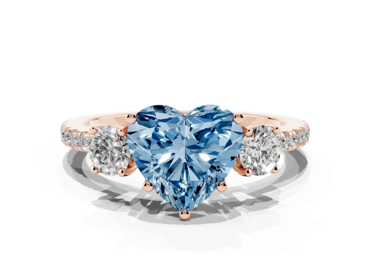 Fancy Blue Three-Stone Heart Cut Cut Diamond Pavé Band with Prong Setting Rose gold