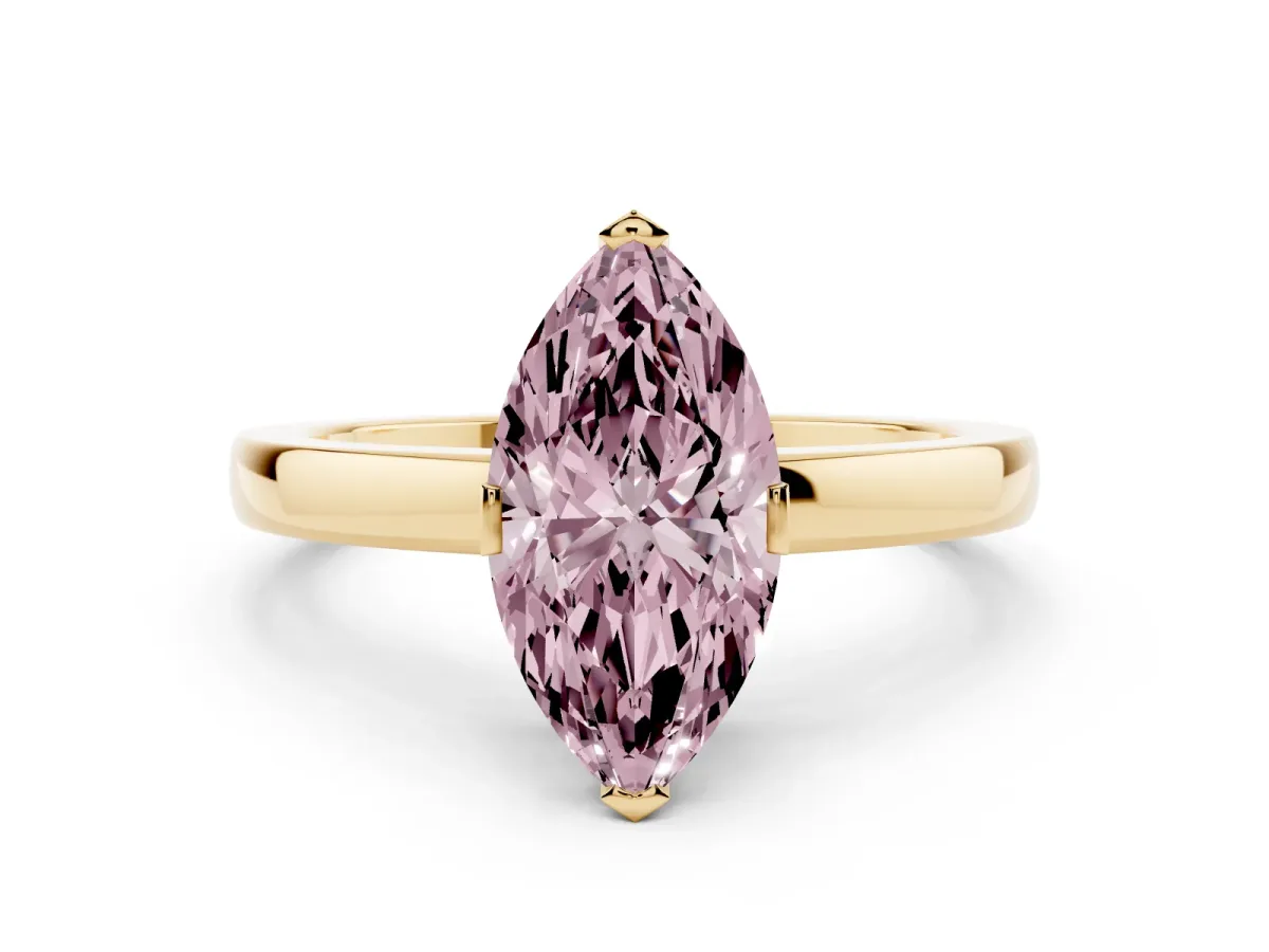 Fancy Pink Marquise Cut Cut Solitaire Ring with Four-Prong Setting and Classic Band Yellow gold