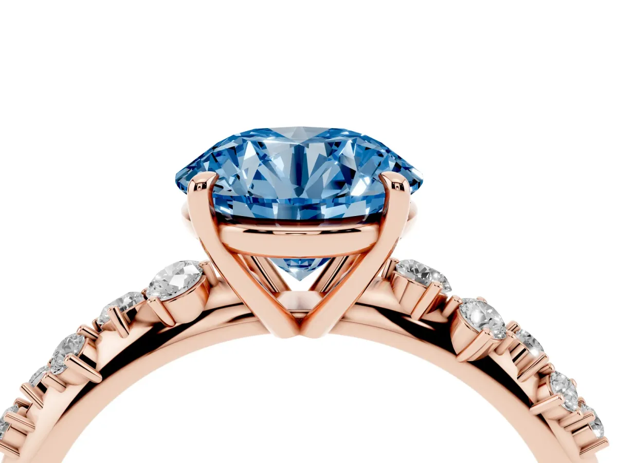 Fancy Blue Round Cut Diamond Cluster Side Stone Solitaire Ring with Prong Setting Rose gold