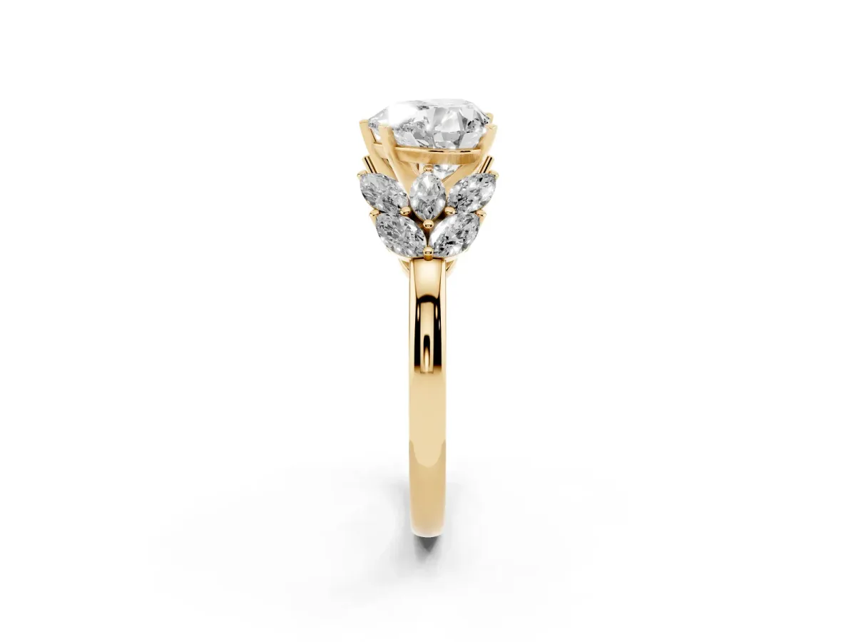 Heart Cut Diamond Cluster Leaf Design Ring with Prong Setting Yellow gold