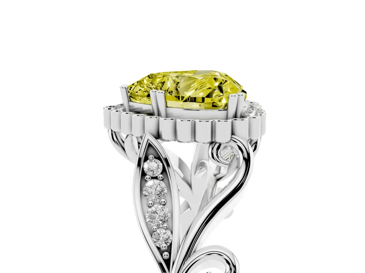 Fancy Yellow Heart Cut Diamond Halo Ring with Vintage Split Shank and Four-Prong Setting Silver