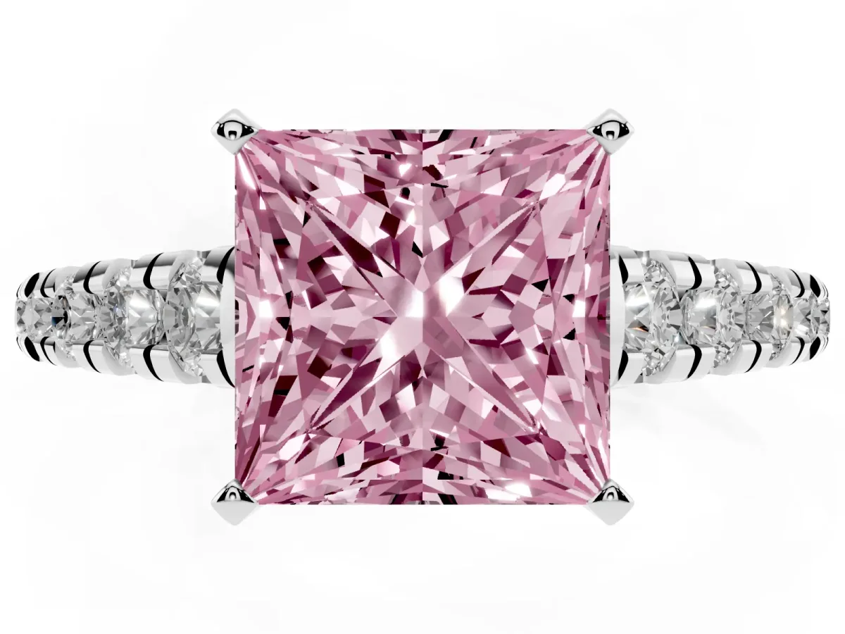 Fancy Pink Princess Cut Diamond Cathedral Solitaire Ring with Round Pavé Band Silver