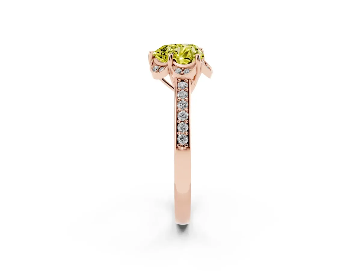 Fancy Yellow Heart Cut Cut Halo Diamond Ring with Channel Set Band and Four-Prong Setting Rose gold