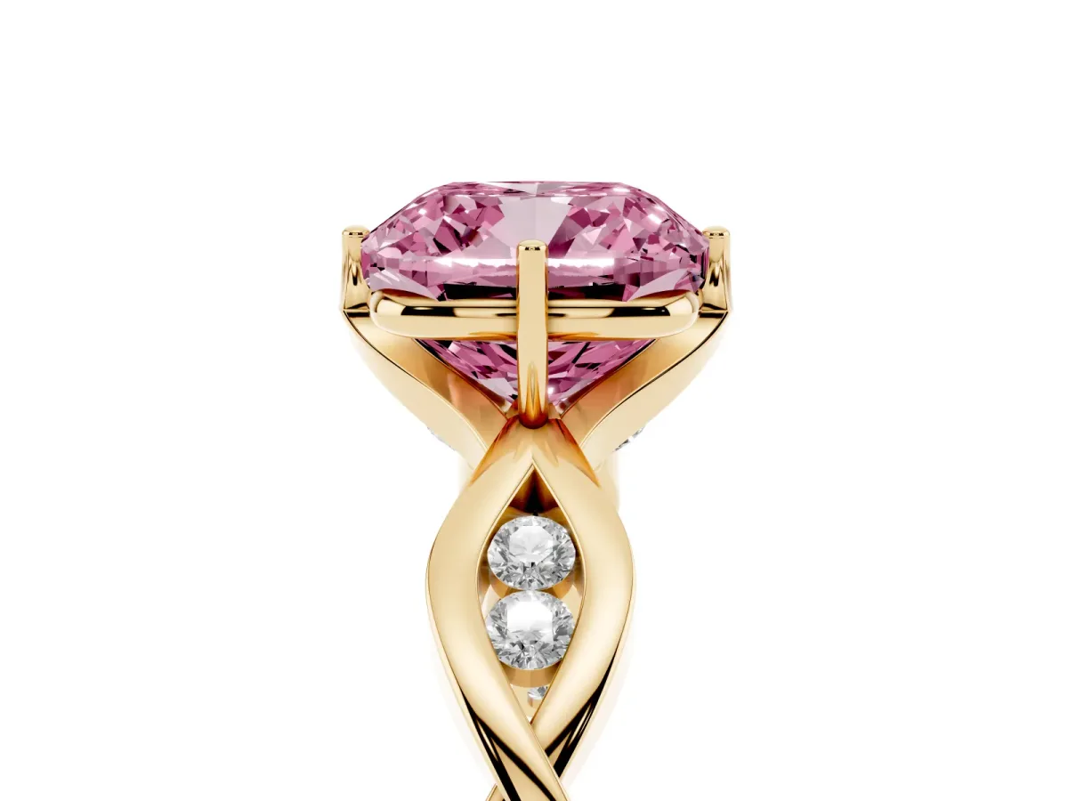 Fancy Pink Cushion Cut Solitaire Twist Band with Leaf Prong Setting Yellow gold