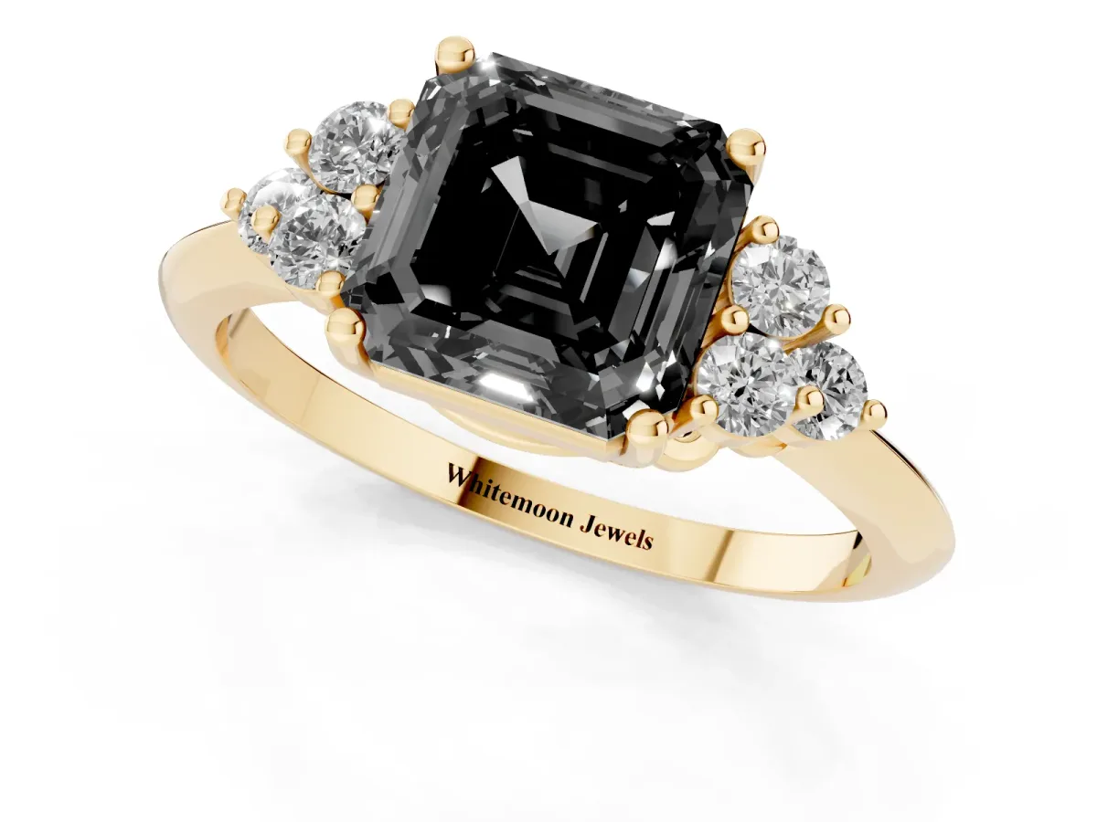 Fancy Black Asscher Cut Cut Diamond Cluster Ring with Solitaire Band and Four-Prong Setting Yellow gold