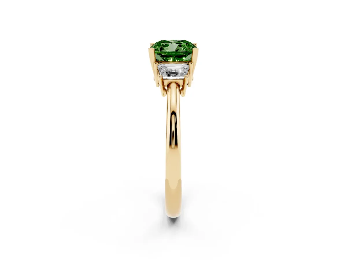 Fancy Green Cushion Cut Diamond Three-Stone Ring with Trapezoid Side Stones and Prong Setting Yellow gold