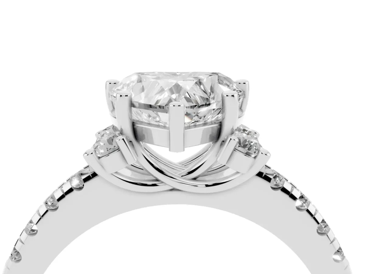 Heart Cut Diamond Three-Stone Pave Band with Four-Prong Setting Silver