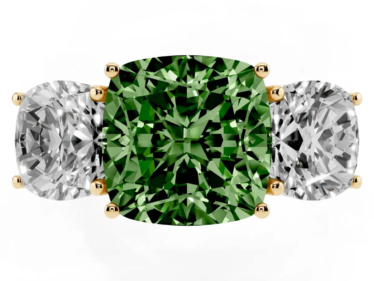 Fancy Green Three-Stone Cushion Cut Diamond Braided Band Ring with Four-Prong Setting Yellow gold