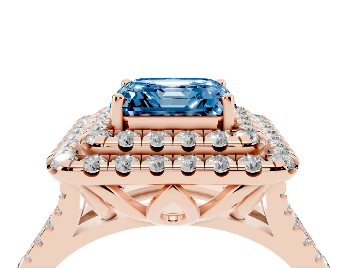 Fancy Blue Double Halo Asscher Cut Diamond Pavé Split Shank Ring with Prong Setting Rose gold
