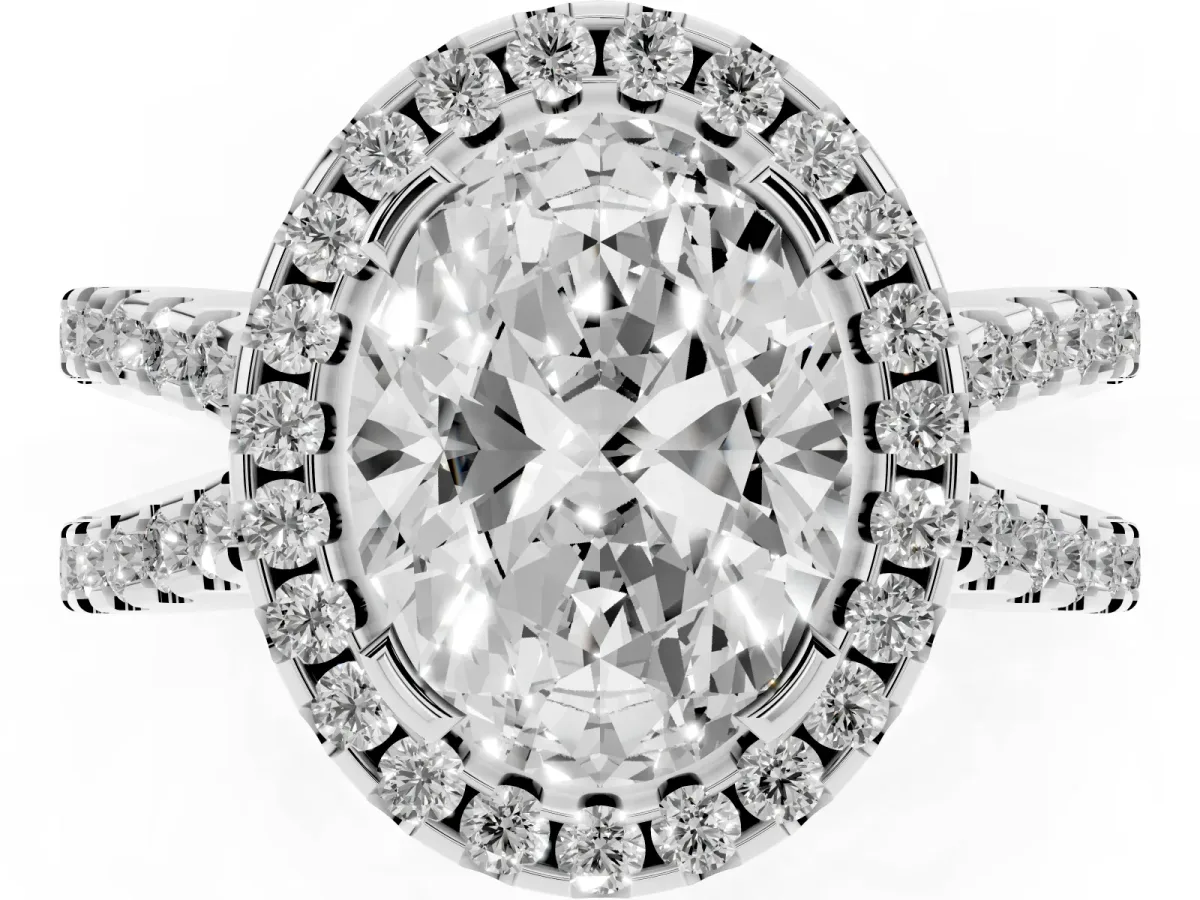 Oval Cut Diamond Halo Ring with Split Shank Pavé Band and Prong Setting Silver