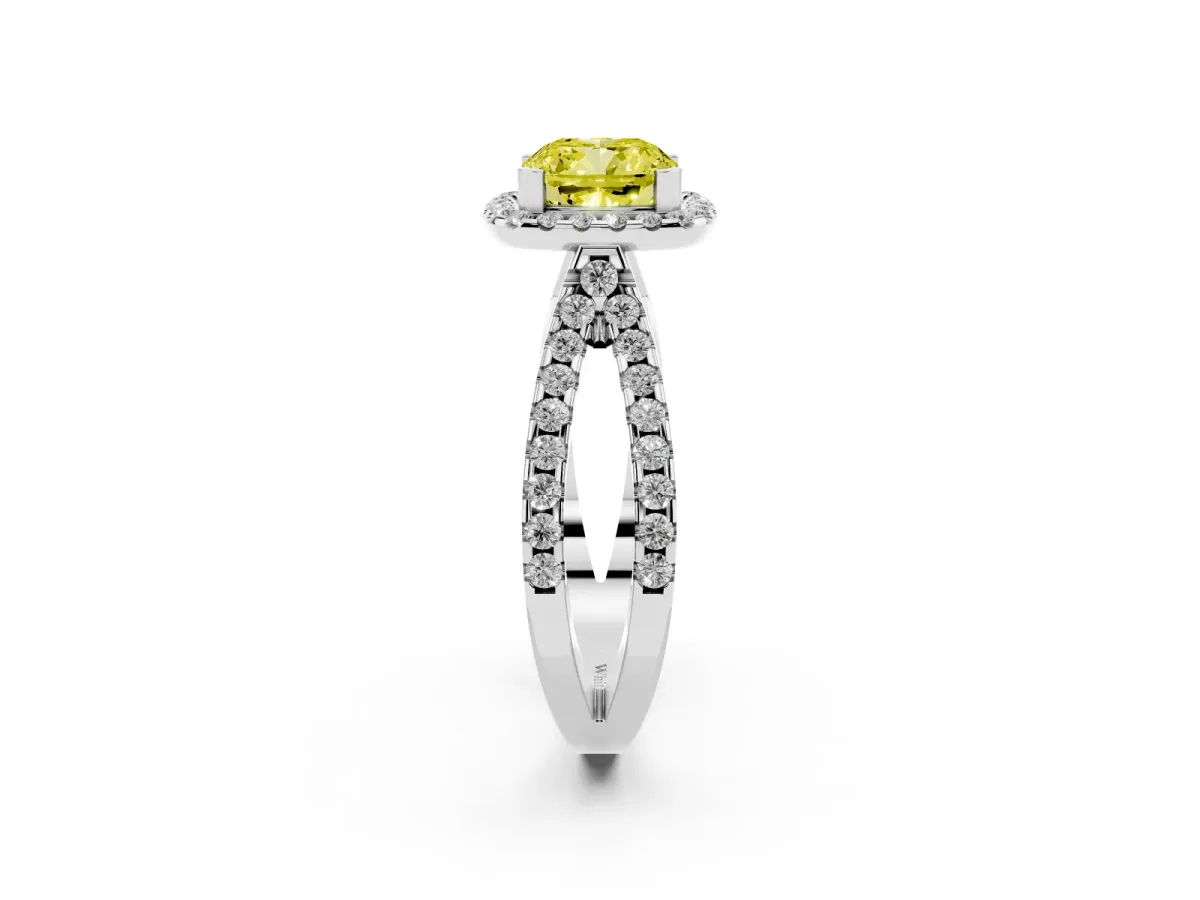 Fancy Yellow Cushion Cut Diamond Halo Ring with Split Shank Pavé Band and Prong Setting Platinum