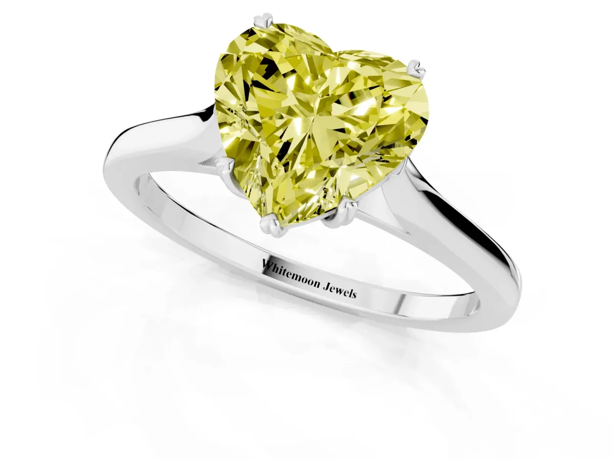 Fancy Yellow Heart Cut Solitaire Heart Prong Engagement Ring with Tapered Band Platinum