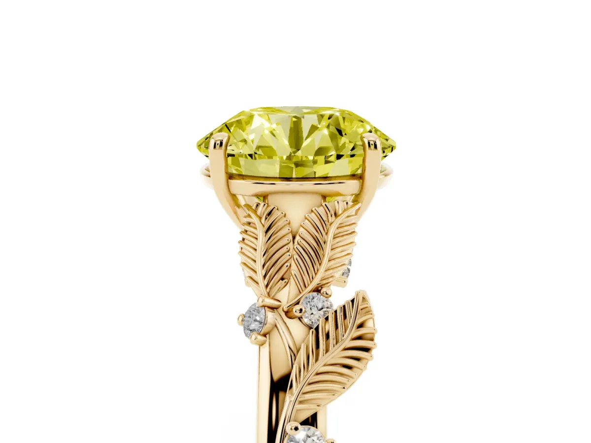 Fancy Yellow Round Cut Diamond Solitaire Ring with Leaf Motif Band and Four-Prong Setting Yellow gold