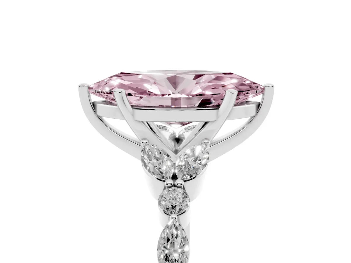 Fancy Pink Marquise Cut Diamond Solitaire Ring with Side Stones and Four-Prong Setting Silver
