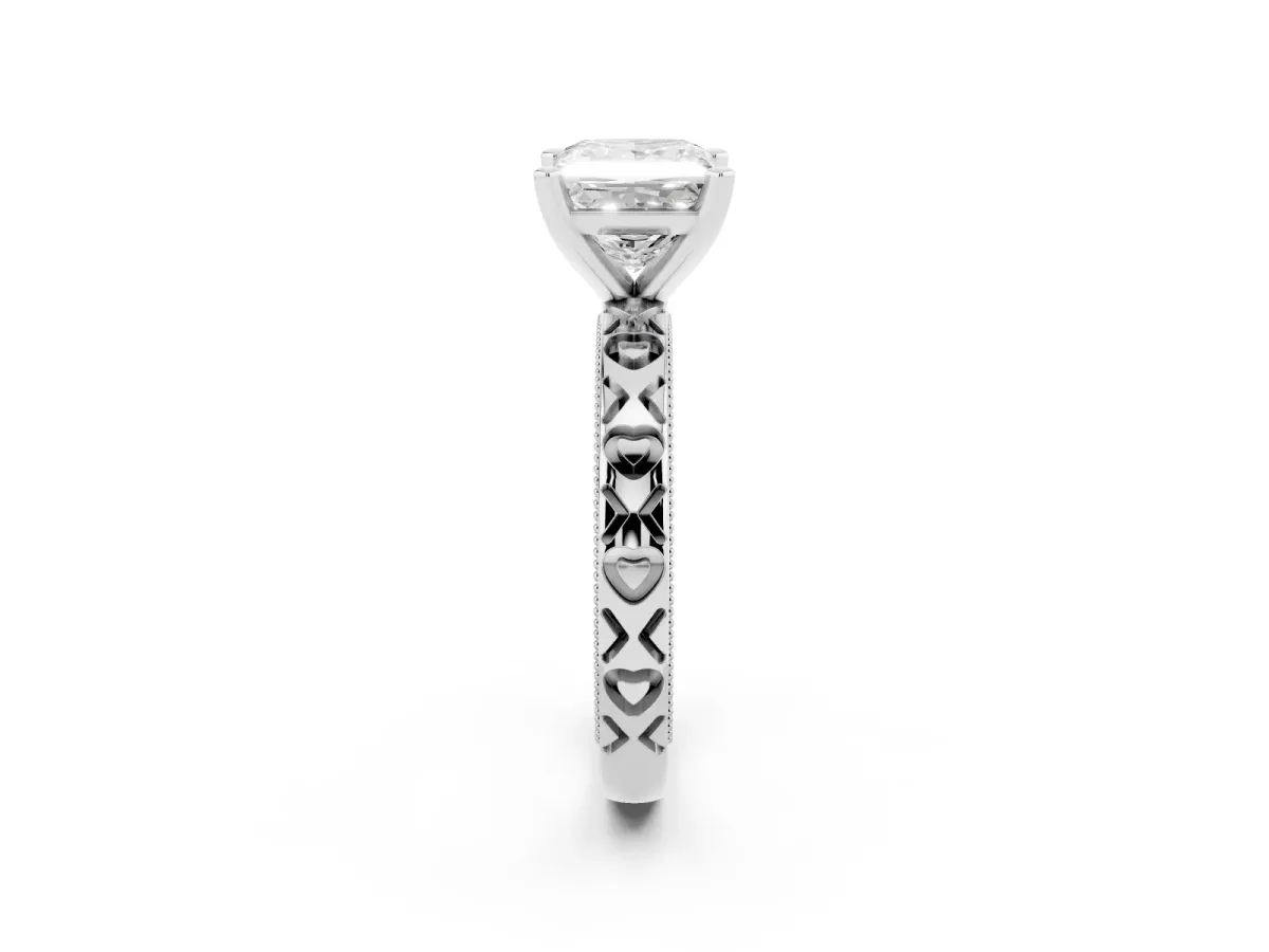 Princess Cut Solitaire Diamond Engagement Ring with XO Engraved Band and Four-Prong Setting White gold