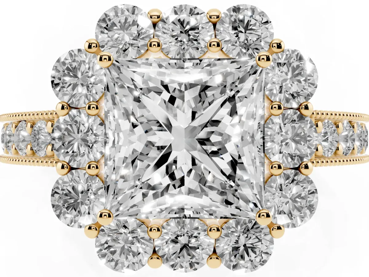 Princess Cut Cut Halo Diamond Pavé Engagement Ring with Milgrain Detailing Yellow gold