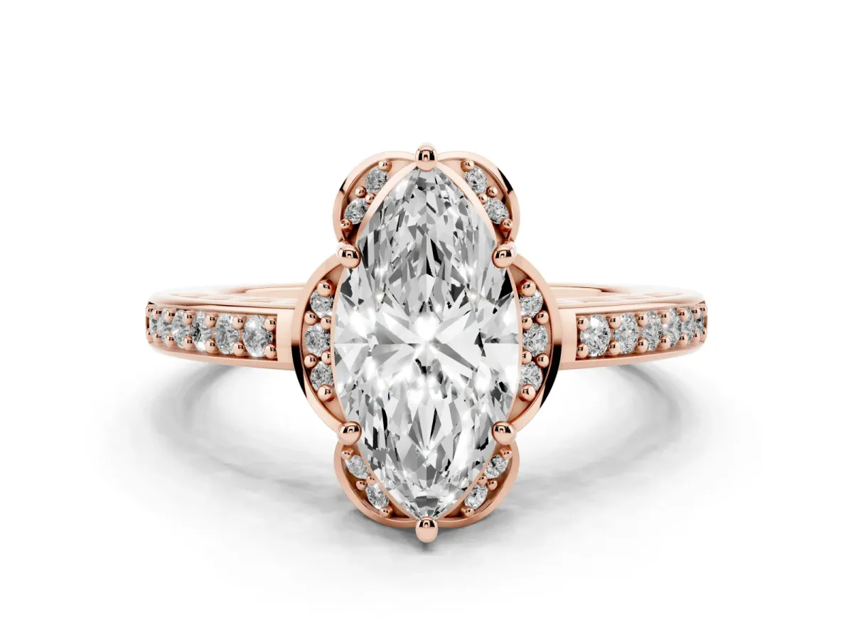 Marquise Cut Cut Halo Diamond Ring with Channel Set Band and Four-Prong Setting Rose gold