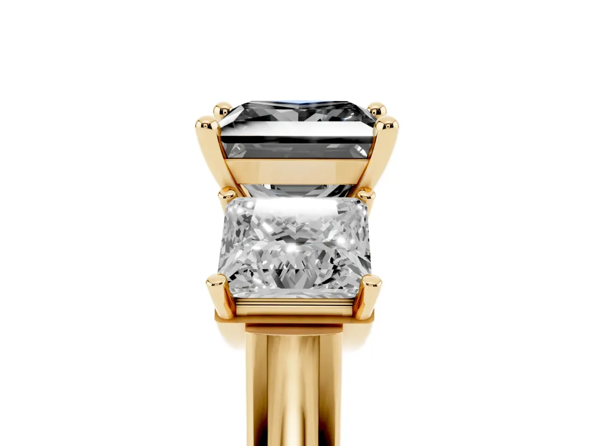 Fancy Black Three-Stone Princess Cut Brilliant Diamond Trellis Ring with Comfort Fit Band Yellow gold