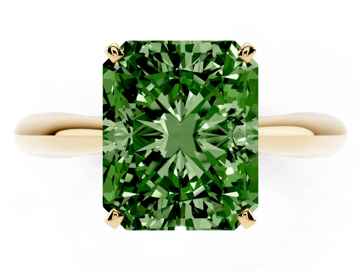 Fancy Green Radiant Cut Diamond Solitaire Engagement Ring with Cathedral Setting and Four-Prong Mount Yellow gold