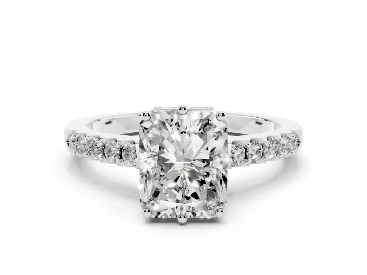 Radiant Cut Solitaire Diamond Engagement Ring with Pavé Band and Six-Prong Setting Silver