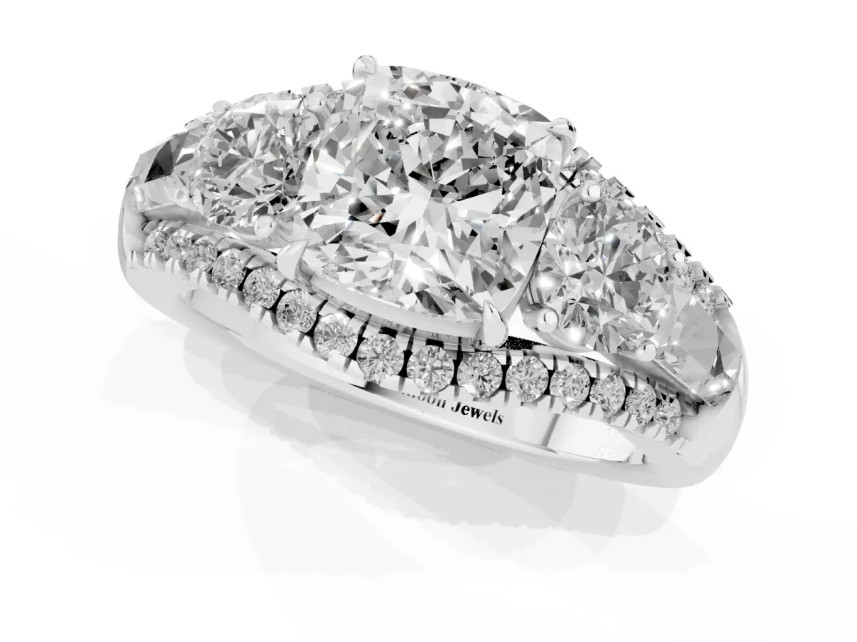 Three-Stone Cushion Cut Diamond Engagement Ring with Pave Band and Prong Setting Silver