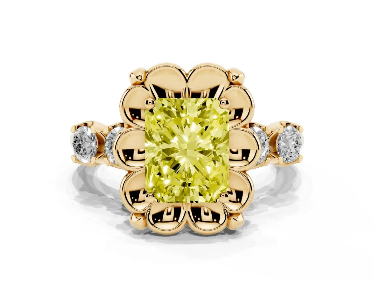 Fancy Yellow Radiant Cut Cut Diamond Floral Halo Engagement Ring with Shared Prong Setting Yellow gold