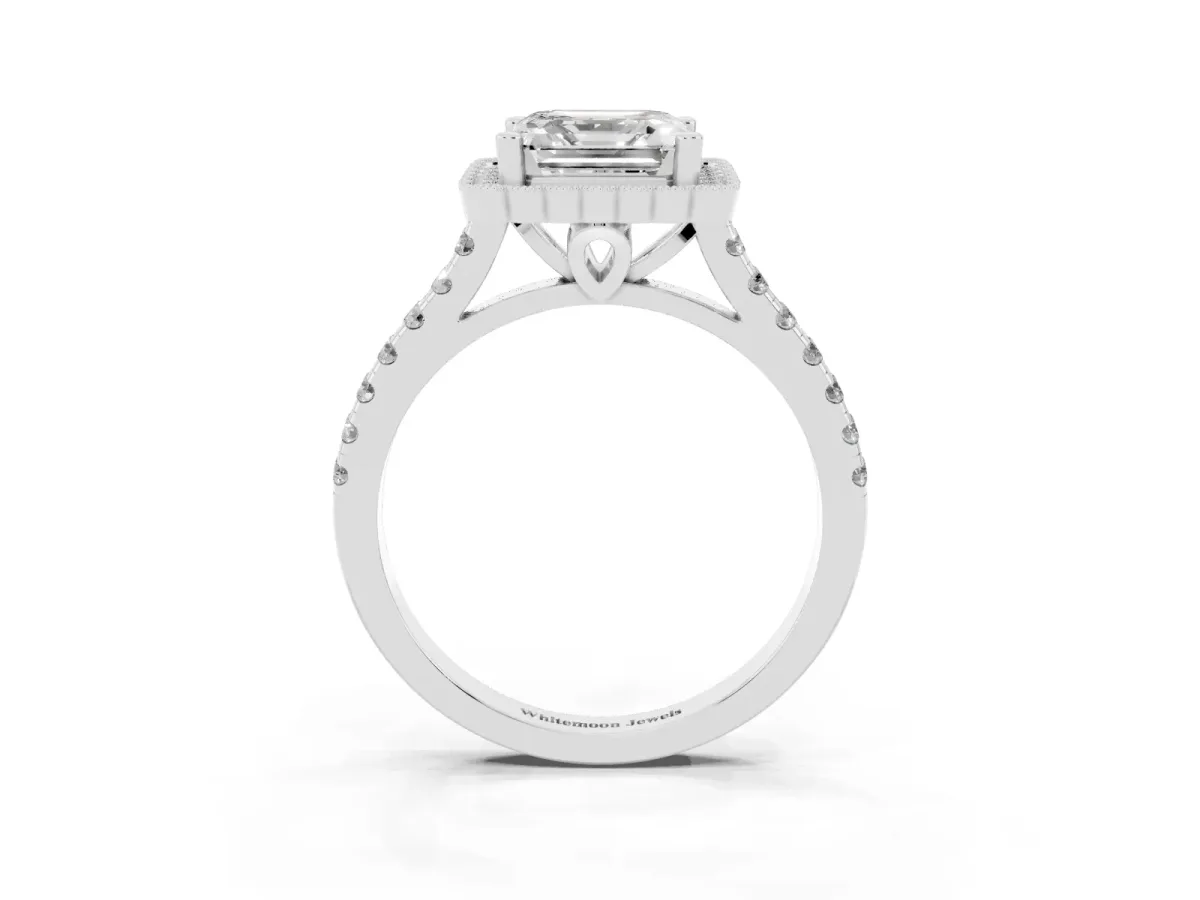 Asscher Cut Cut Diamond Milgrain Floral Halo Engagement Ring with Pavé Band Silver
