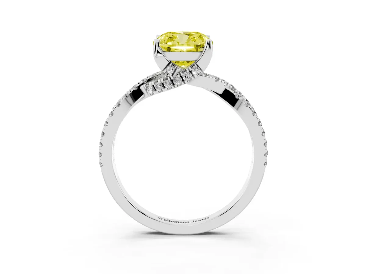 Fancy Yellow Cushion Cut Solitaire Twist Pave Diamond Engagement Ring with Prong Setting Silver