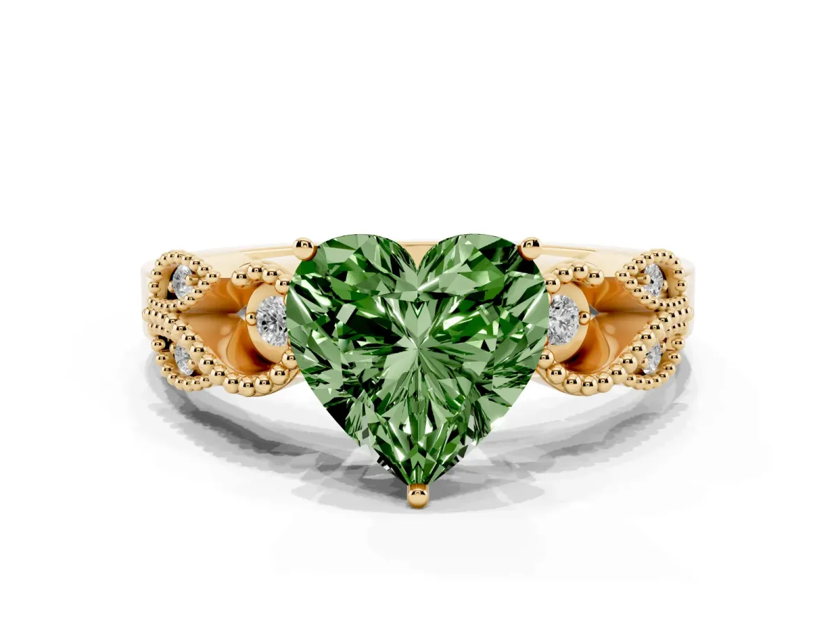 Fancy Green Heart Cut Solitaire Milgrain Leaf Band with Prong Setting Yellow gold