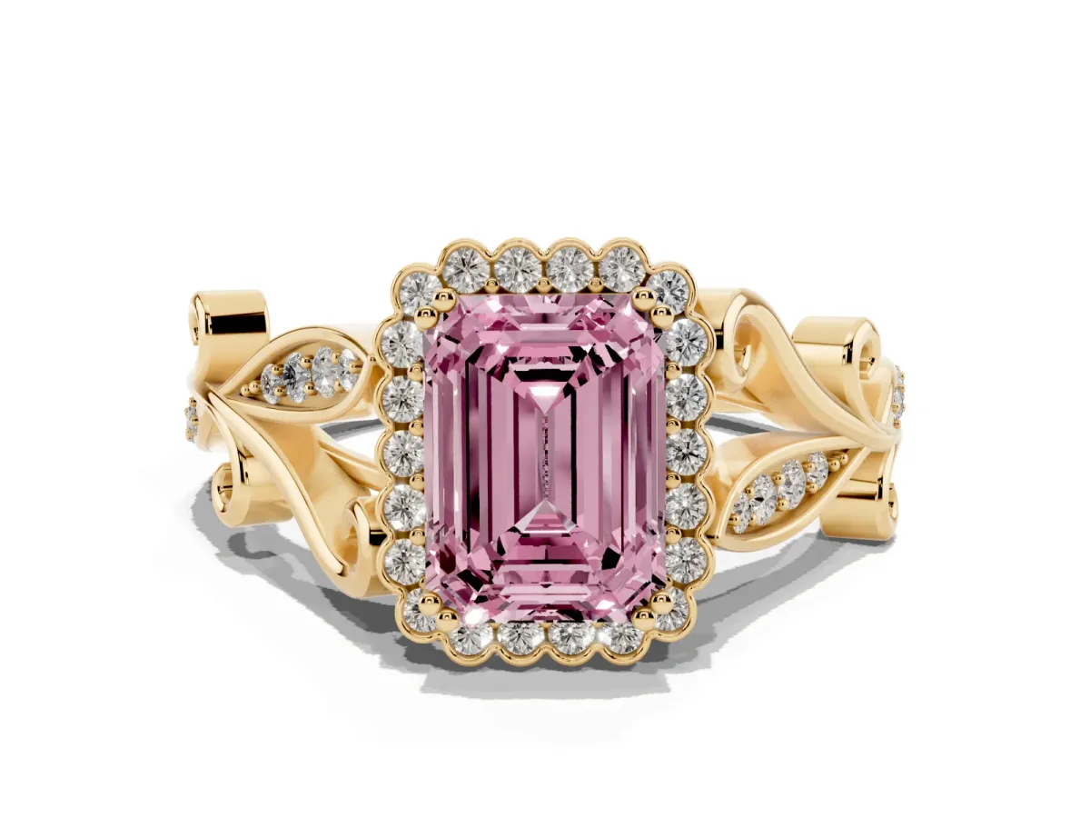 Fancy Pink Emerald Cut Diamond Halo Ring with Vintage Split Shank and Four-Prong Setting Yellow gold