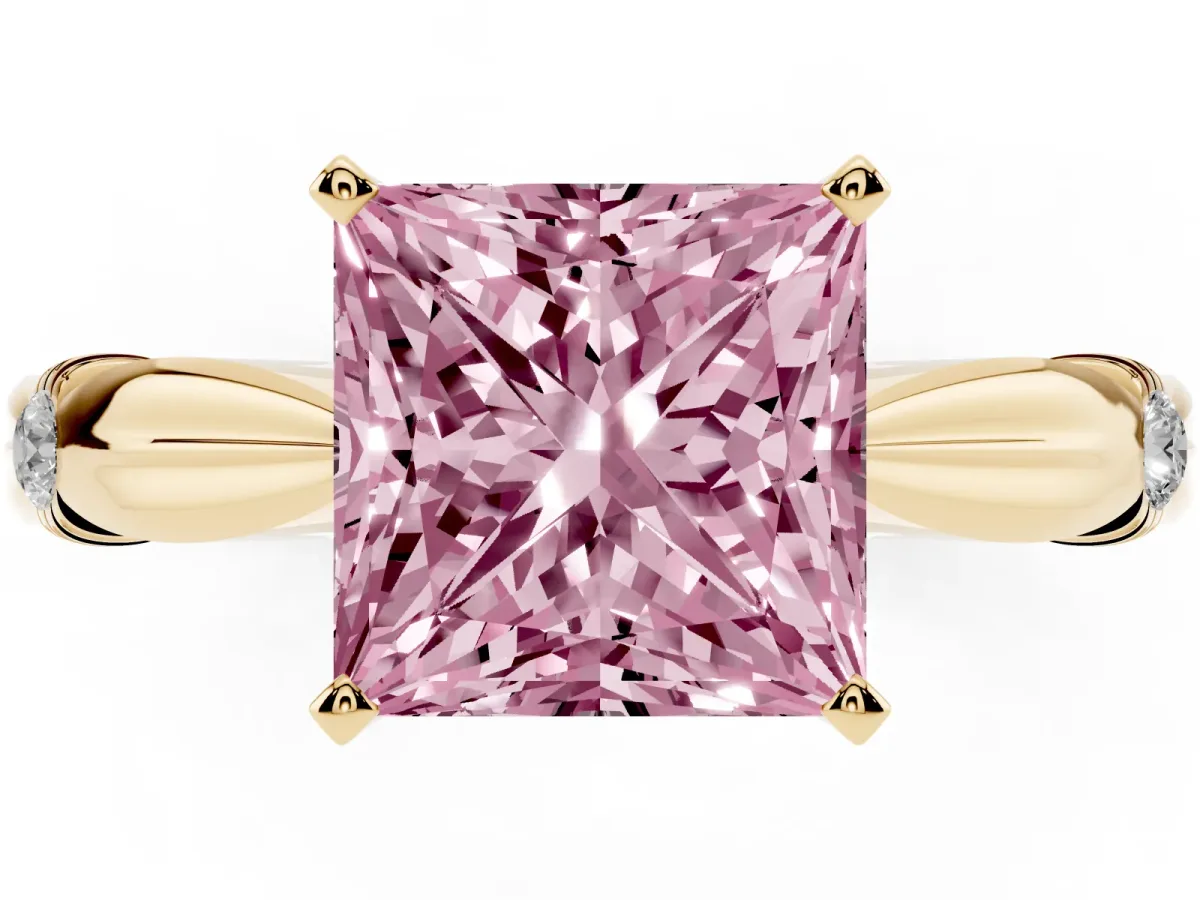 Fancy Pink Princess Cut Solitaire Diamond Twisted Band with Four-Prong Setting Yellow gold