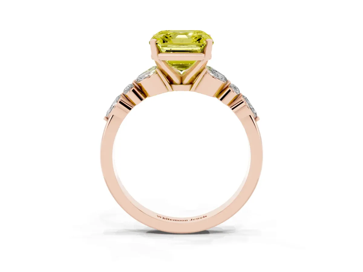 Fancy Yellow Asscher Cut Diamond Solitaire Ring with Side Stones and Four-Prong Setting Rose gold