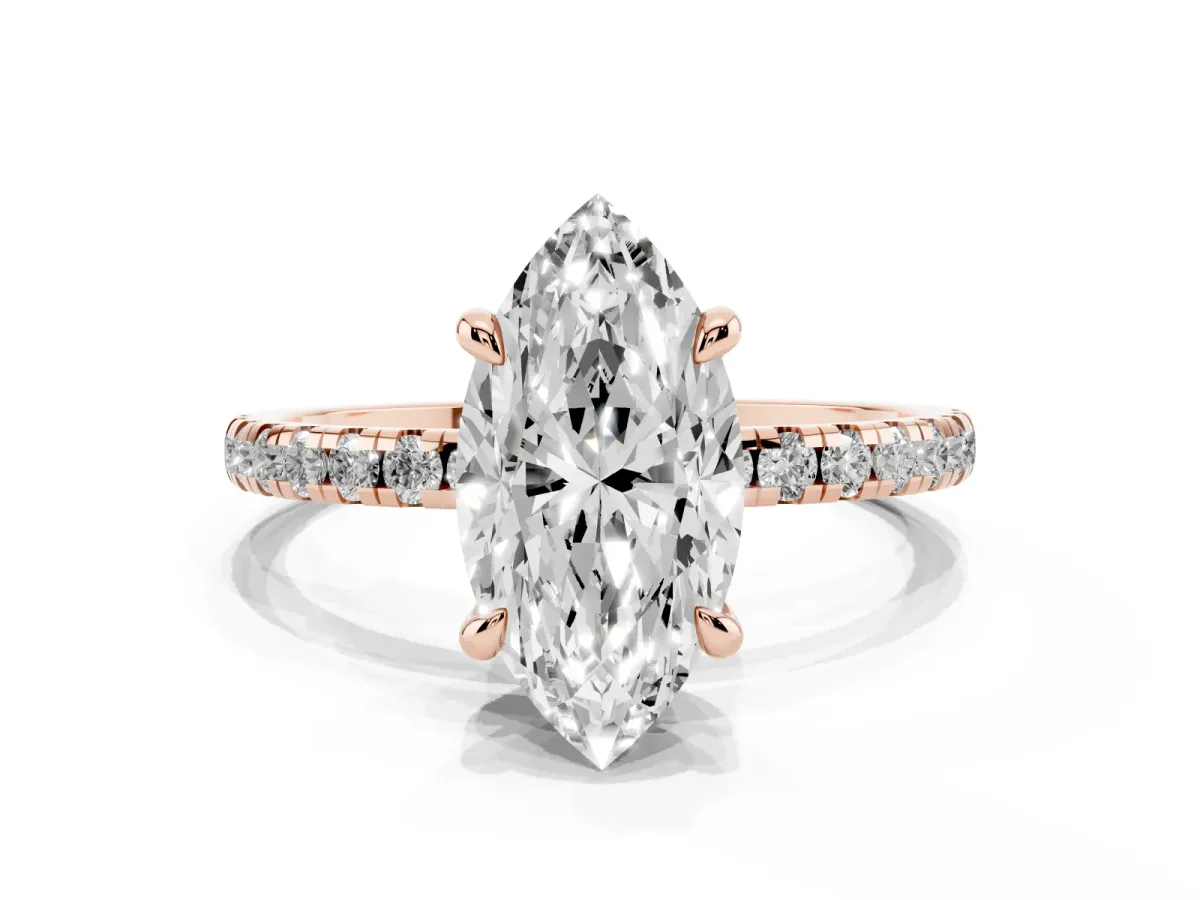 Marquise Cut Diamond Brilliant Solitaire Ring with Pavé Band and Four-Prong Setting Rose gold