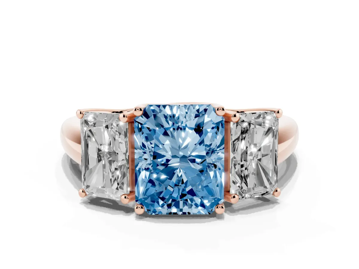 Fancy Blue Three-Stone Radiant Cut Diamond Engagement Ring with Prong Setting Rose gold