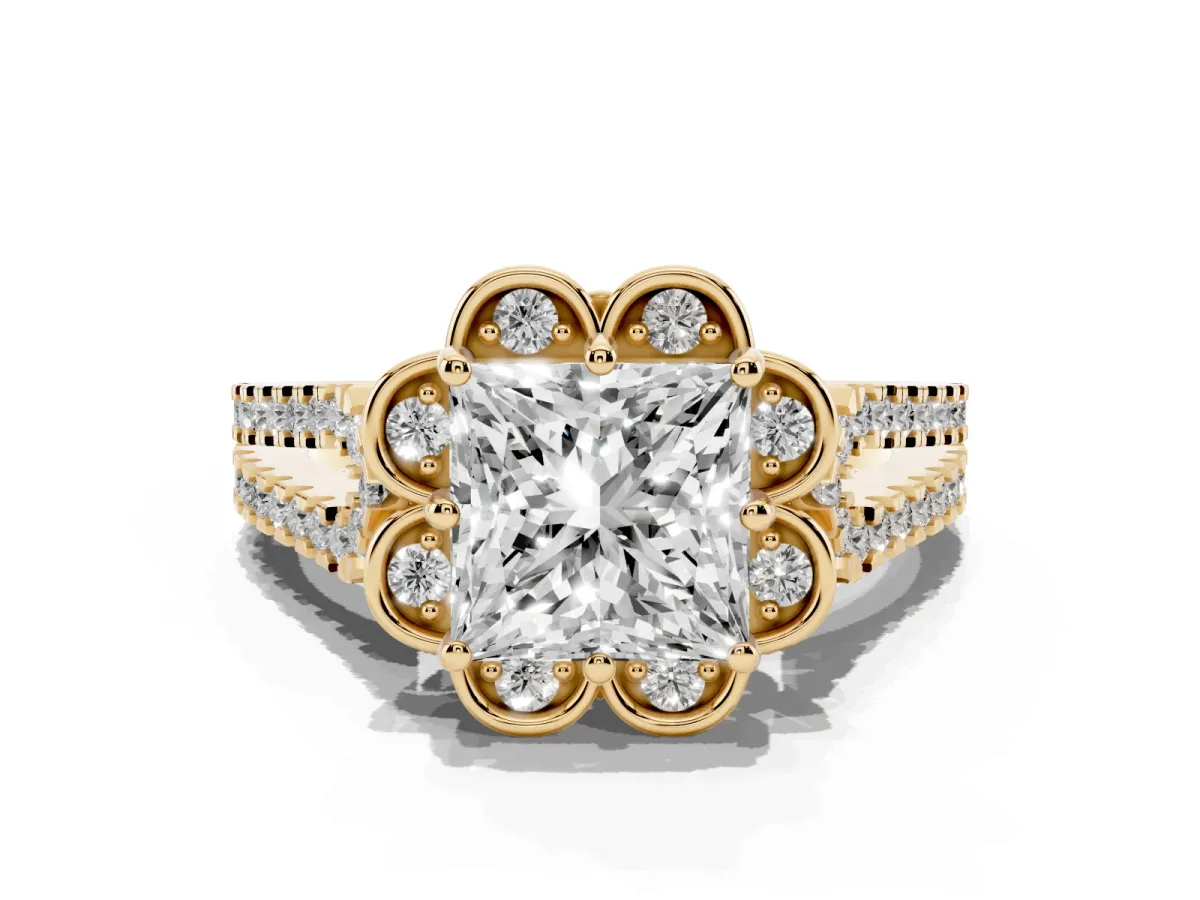 Princess Cut Halo Diamond Floral Split Shank Engagement Ring Yellow gold