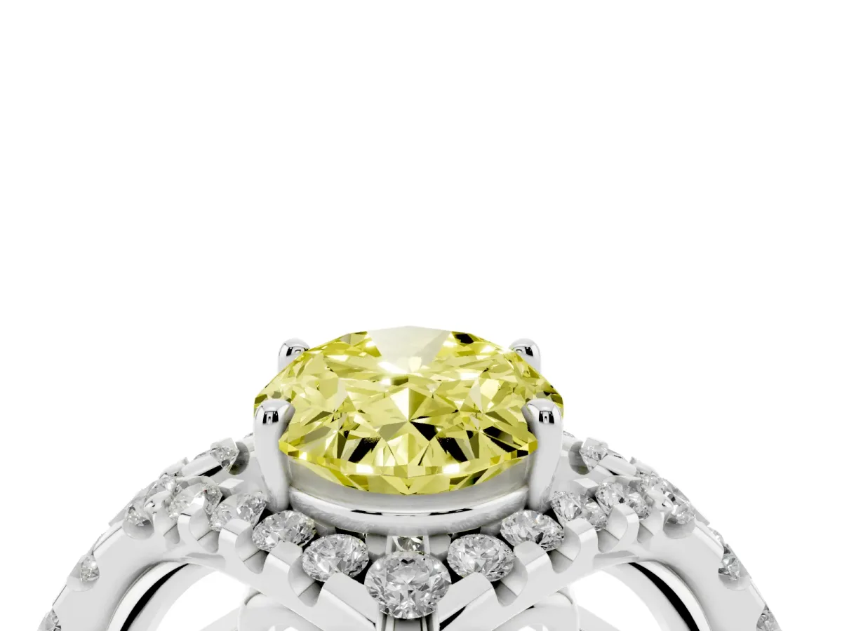 Fancy Yellow Oval Cut Diamond Solitaire Ring with Hidden Halo and Pavé Band Silver