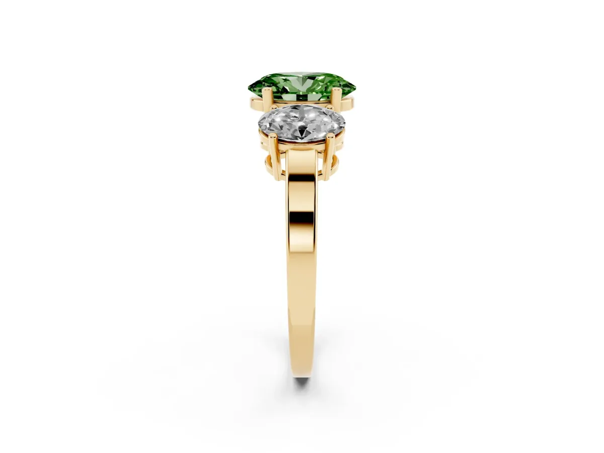 Fancy Green Three-Stone Oval Cut Cut Diamond Engagement Ring with Flat Band and Four-Prong Setting Yellow gold