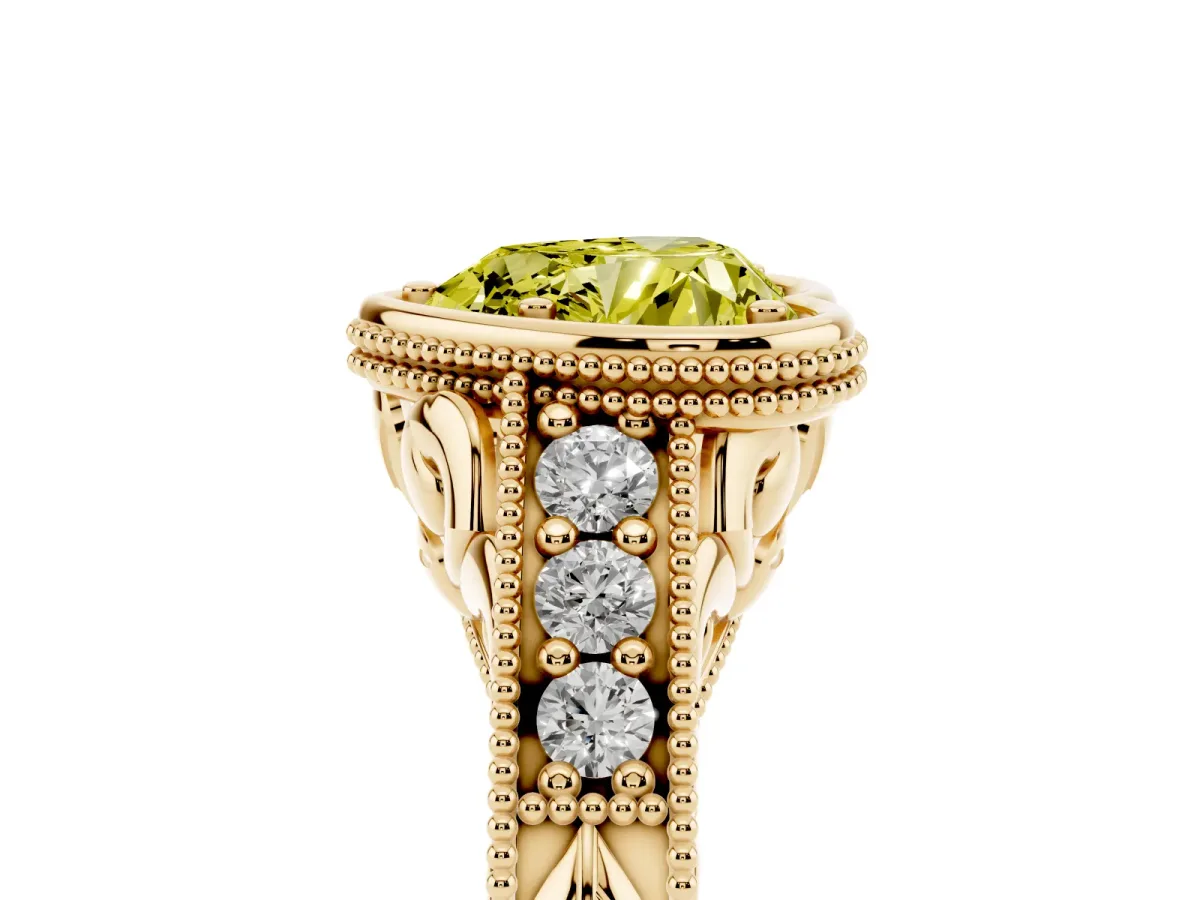 Fancy Yellow Bezel Set Heart Cut Diamond Milgrain Pave Engagement Ring Yellow gold