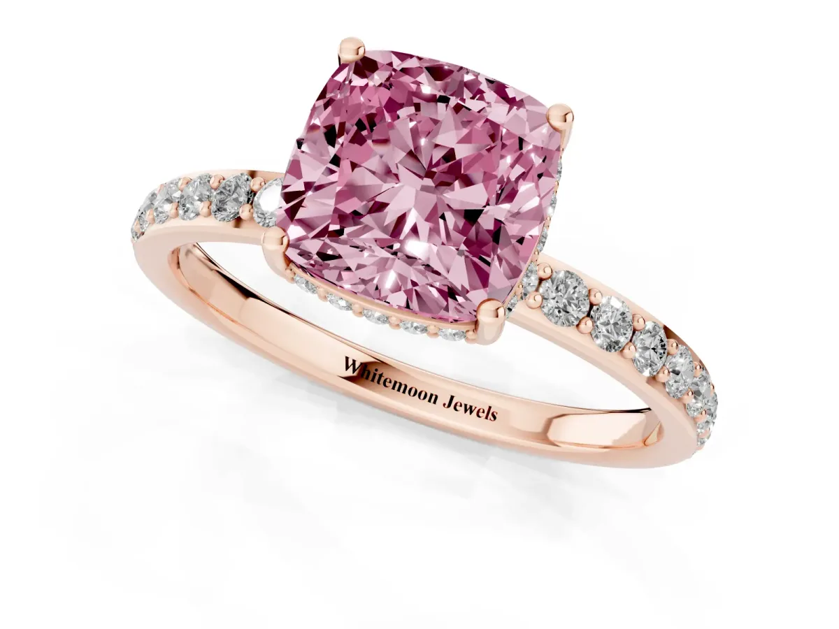 Fancy Pink Cushion Cut Diamond Solitaire Ring with Pavé Band and Hidden Halo Rose gold