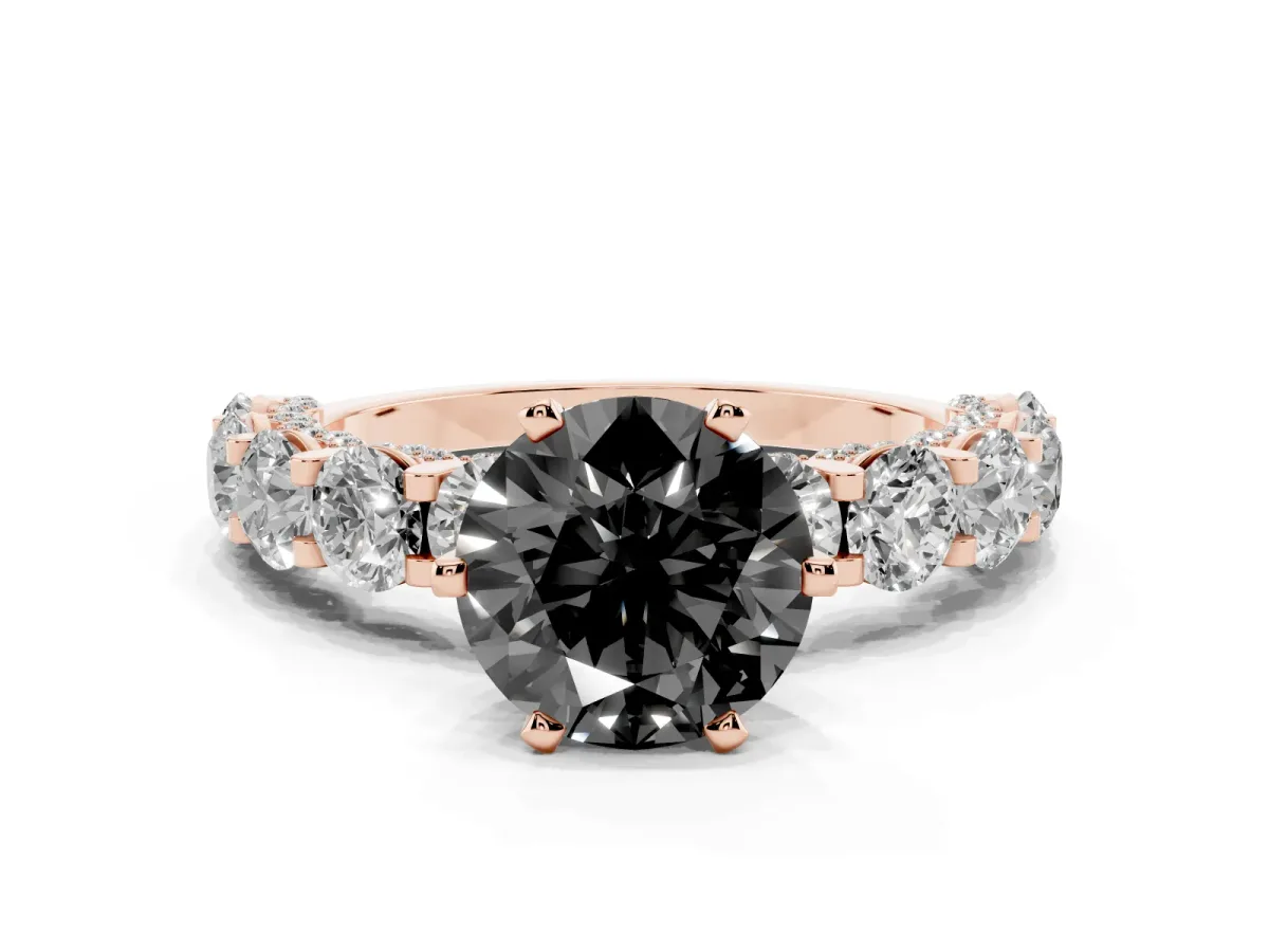 Fancy Black Round Cut Diamond Side Stone Engagement Ring with Four-Prong Setting Rose gold