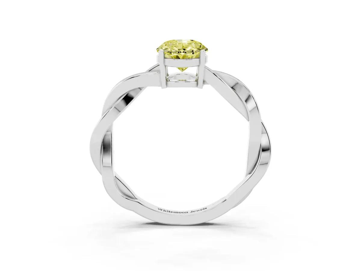 Fancy Yellow Oval Cut Solitaire Twisted Pave Diamond Ring with Four-Prong Setting White gold