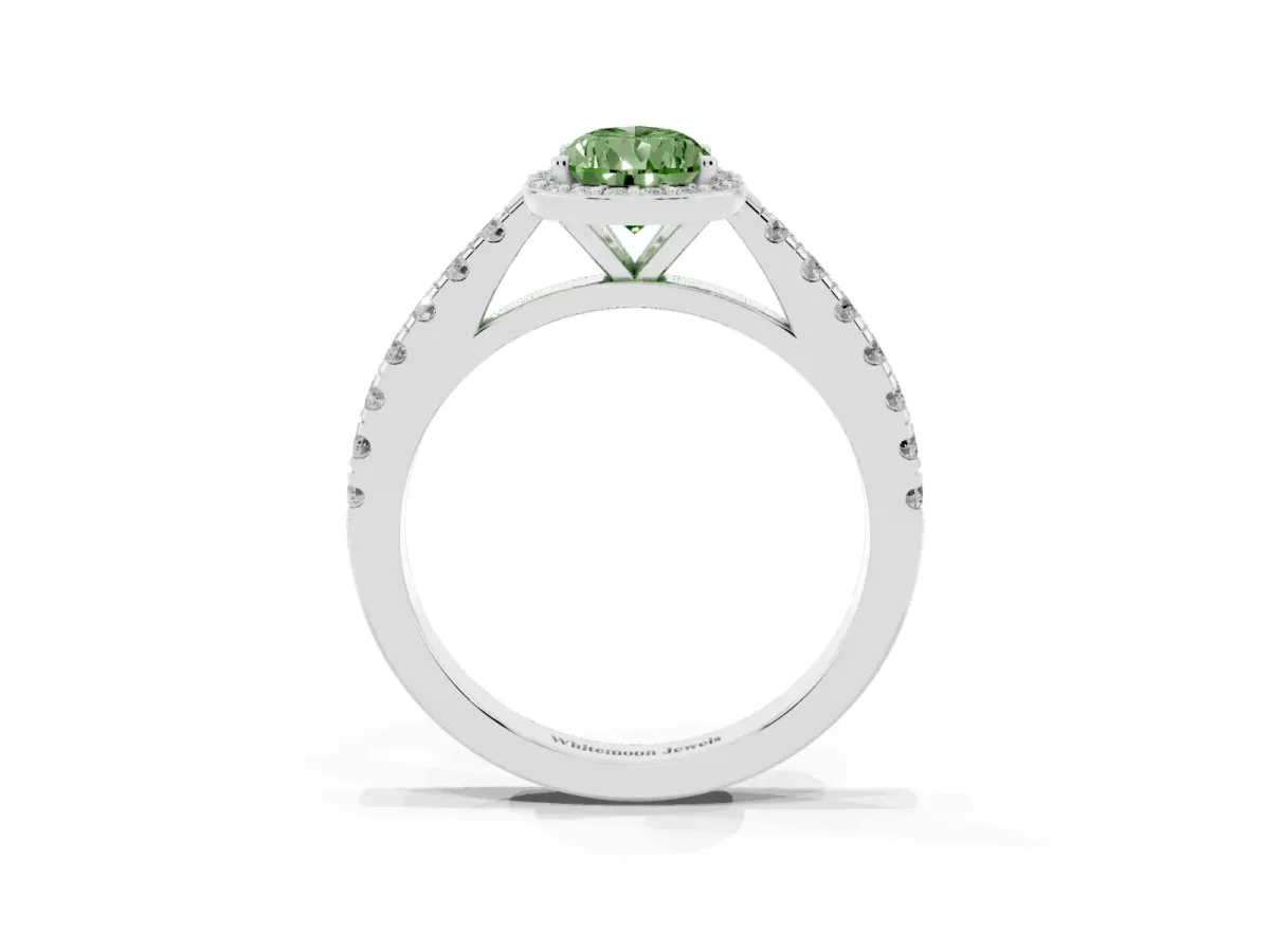 Fancy Green Pear Cut Cut Halo Diamond Engagement Ring with Pave Band and Four-Prong Setting White gold