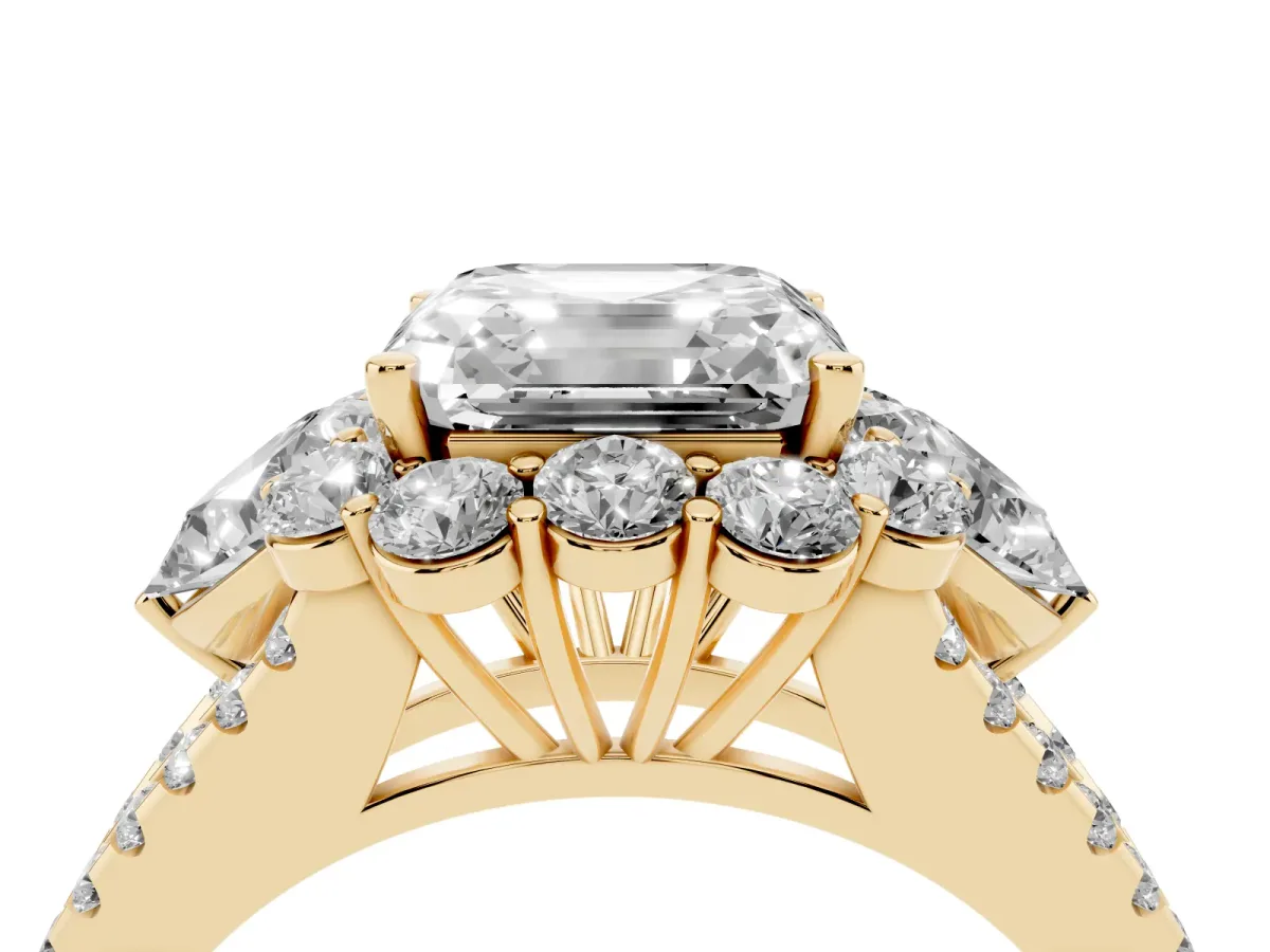 Asscher Cut Halo Split Shank Diamond Engagement Ring with Prong Setting Yellow gold