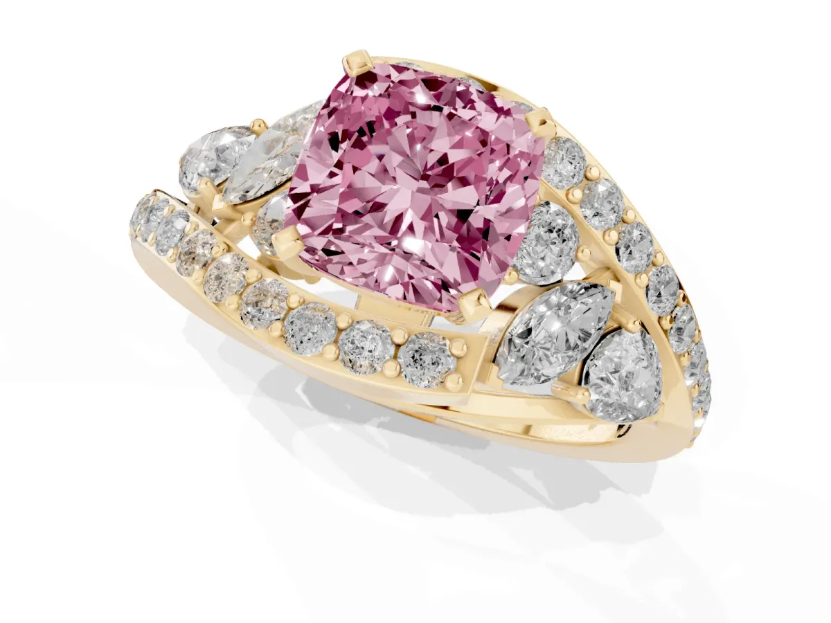 Fancy Pink Cushion Cut Diamond Halo Ring with Marquise and Pavé Band in Prong Setting Yellow gold