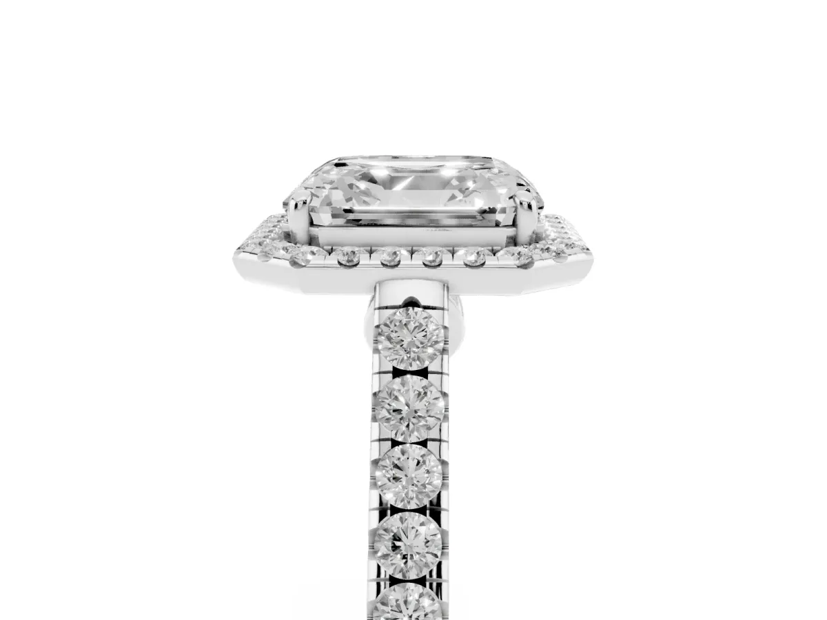 Asscher Cut Halo Pave Diamond Engagement Ring with Four-Prong Setting Silver