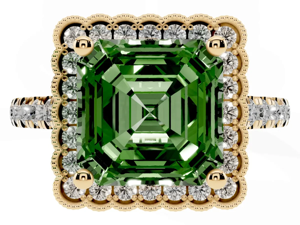 Fancy Green Asscher Cut Cut Diamond Milgrain Floral Halo Engagement Ring with Pavé Band Yellow gold