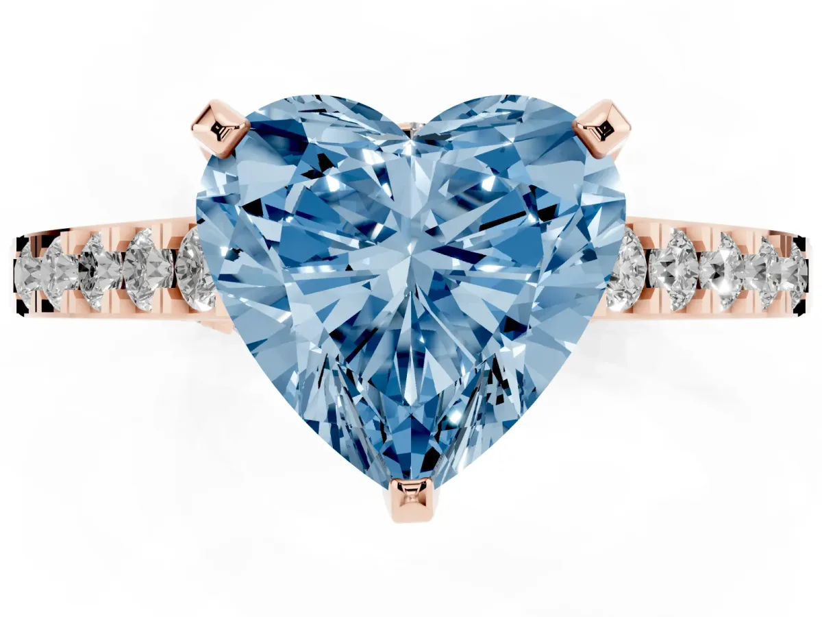 Fancy Blue Heart Cut Diamond Solitaire Ring with Crossover Gallery and Round Pavé Band Rose gold