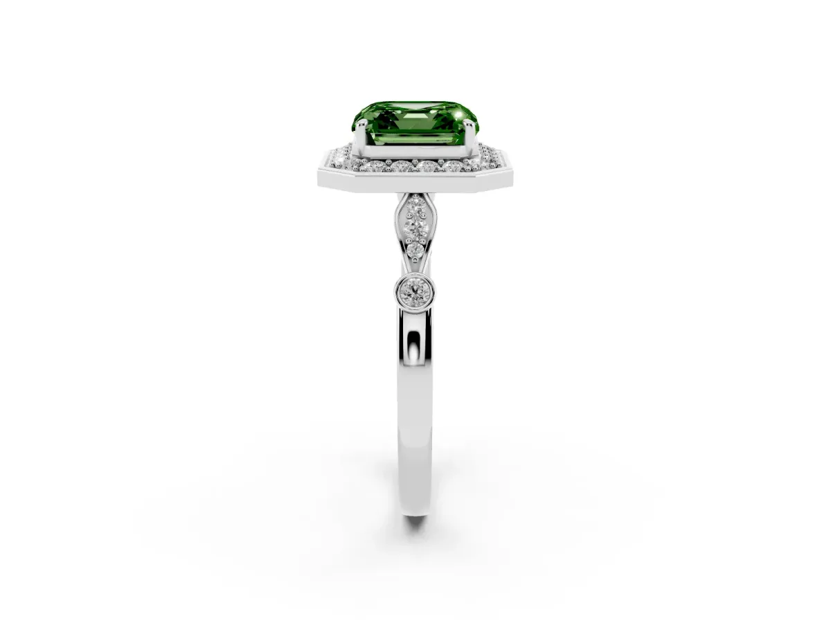 Fancy Green Asscher Cut Halo Diamond Engagement Ring with Twisted Band and Four-Prong Setting White gold
